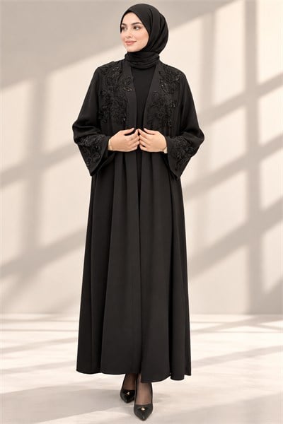 Orhan Store Büyük Beden Çiçek İşlemeli Boncuk Detaylı İkili Abaya Takım Siyah OTW2587