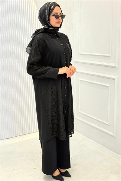 Orhan Store Büyük Beden Dantel Taş Detaylı Pantolonlu Takım Siyah OTW2880
