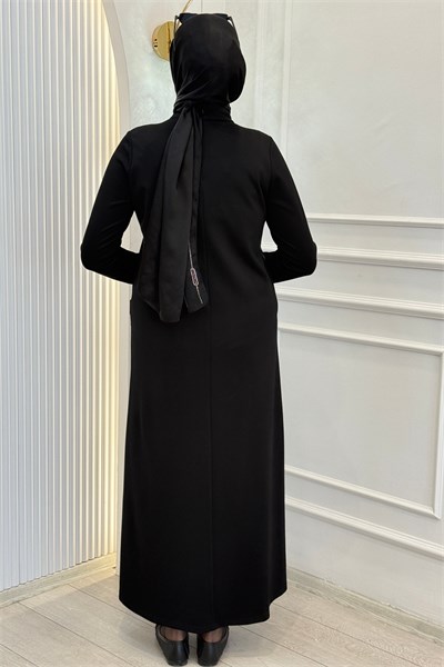 Orhan Store Büyük Beden Deri Desen Detaylı Cepli Tesettür Elbise Siyah OTW1955
