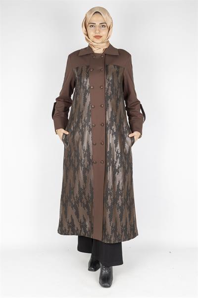 Orhan Store Büyük Beden Deri Detaylı Çift Düğmeli Uzun Kap Kahve OTW1581