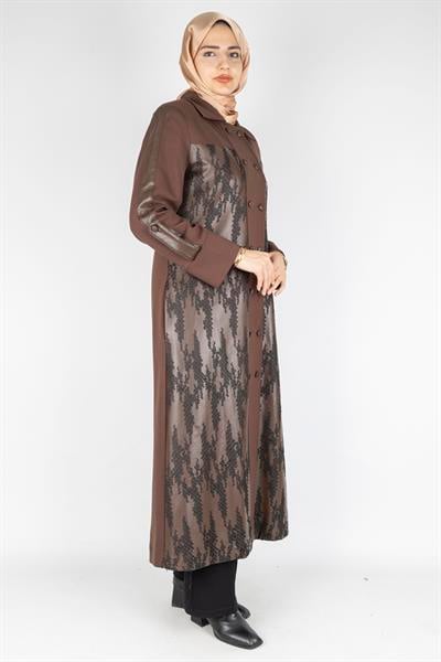 Orhan Store Büyük Beden Deri Detaylı Çift Düğmeli Uzun Kap Kahve OTW1581