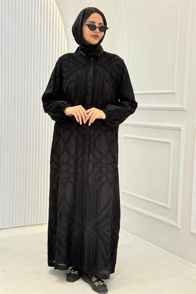 Orhan Store Büyük Beden Desenli Ferace Siyah OTW1160-1