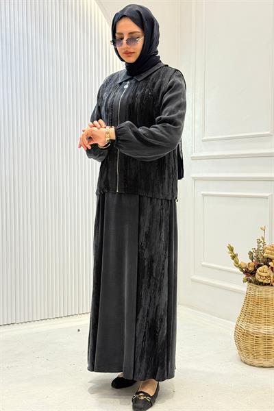 Orhan Store Büyük Beden İpek Qupra İkili Elbise Takım Siyah OTW2717