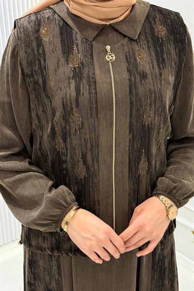 Orhan Store Büyük Beden İpek Qupra İkili Elbise Takım Kahve OTW2717