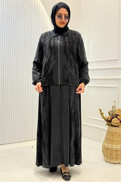 Orhan Store Büyük Beden İpek Qupra İkili Elbise Takım Siyah OTW2717