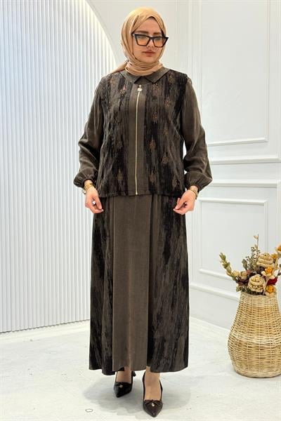 Orhan Store Büyük Beden İpek Qupra İkili Elbise Takım Kahve OTW2717