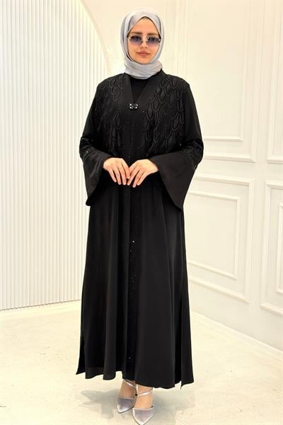 Orhan Store Büyük Beden Küpür İşlemeli Abaya Takım Siyah OTW2814