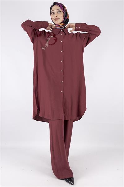 Orhan Store Büyük Beden Pantolonlu Takım Bordo OTW2490