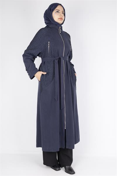 Orhan Store Büyük Beden Şık Kap – Kuşaklı, Dokulu Kol ve Yan Paneller Lacivert OTW1574