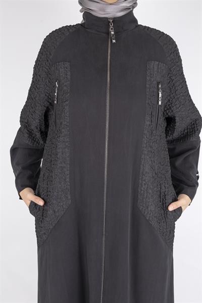 Orhan Store Büyük Beden Şık Kap – Kuşaklı, Dokulu Kol ve Yan Paneller Siyah OTW1574