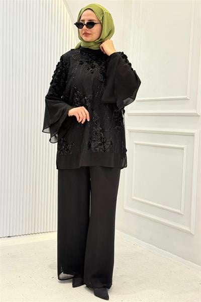 Orhan Store Çiçek Aplikeli Şık Tunik Pantolon Takım Siyah OTW2892