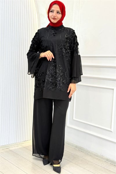 Orhan Store Çiçek Aplikeli Şık Tunik Pantolon Takım Siyah OTW3036