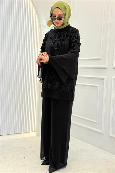Orhan Store Çiçek Aplikeli Şık Tunik Pantolon Takım Siyah OTW2892