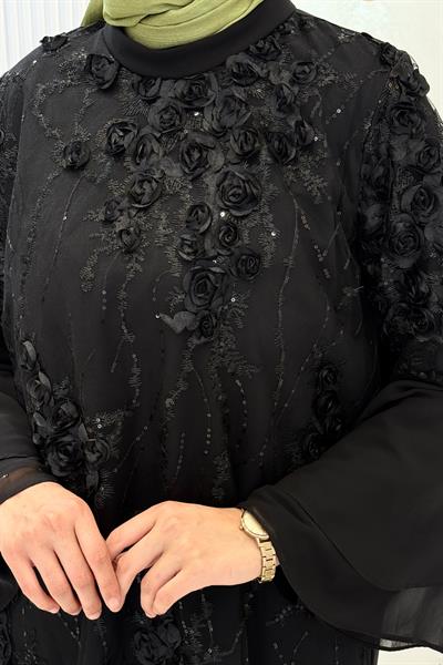 Orhan Store Çiçek Aplikeli Şık Tunik Pantolon Takım Siyah OTW2892