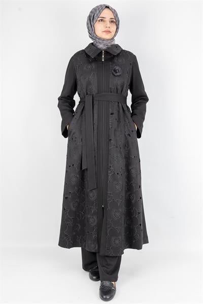 Orhan Store Çiçek Desen Laser Kesim Kemerli Kap Siyah OTW1588