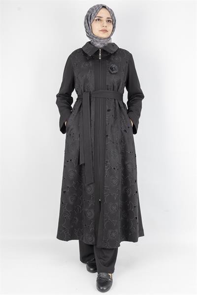 Orhan Store Çiçek Desen Laser Kesim Kemerli Kap Siyah OTW1588