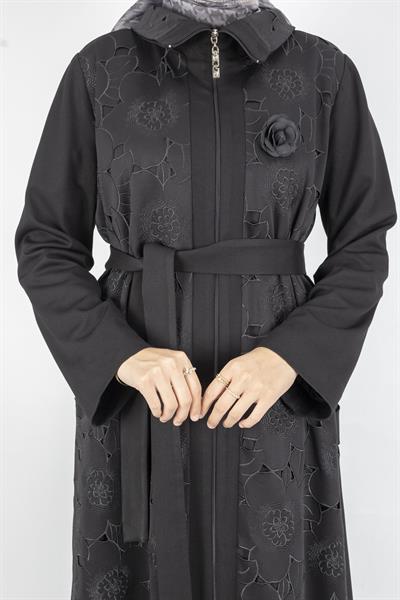 Orhan Store Çiçek Desen Laser Kesim Kemerli Kap Siyah OTW1588