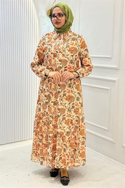 Orhan Store Çiçek Desenli Katlı Tesettür Elbise Oranj OTW1828