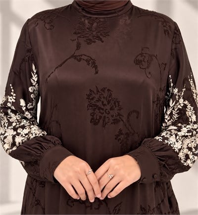 Orhan Store Çiçek Desenli Volanlı Uzun Tesettür Elbise Kahve OTW1993