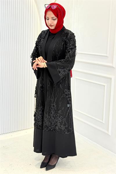 Orhan Store Çiçek İşlemeli Abaya Takım Siyah OTW2873