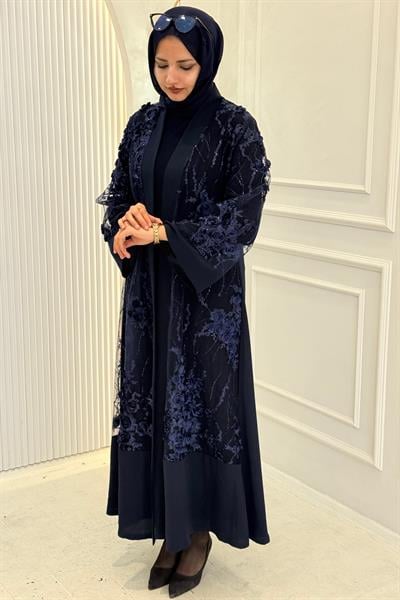 Orhan Store Çiçek İşlemeli Abaya Takım Lacivert OTW2873