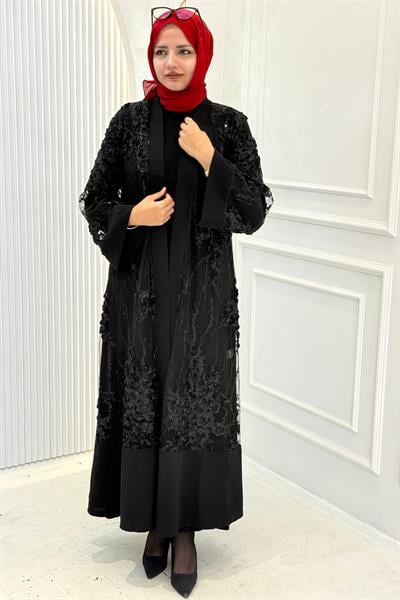 Orhan Store Çiçek İşlemeli Abaya Takım Siyah OTW2873