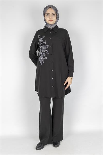 Orhan Store Çiçek İşlemeli Düğmeli Pantolonlu Takım Siyah OTW2703