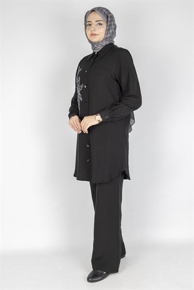 Orhan Store Çiçek İşlemeli Düğmeli Pantolonlu Takım Siyah OTW2703