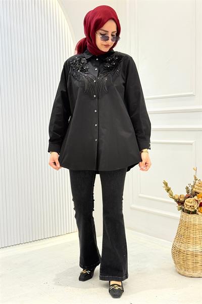 Orhan Store Çiçek İşlemeli Gömlek Siyah OTW1362
