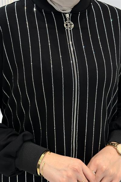 Orhan Store Çizgi Taşlı Çelik Örme Tesettür Takım Siyah OTW2726