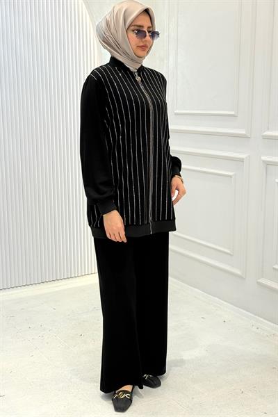Orhan Store Çizgi Taşlı Çelik Örme Tesettür Takım Siyah OTW2726