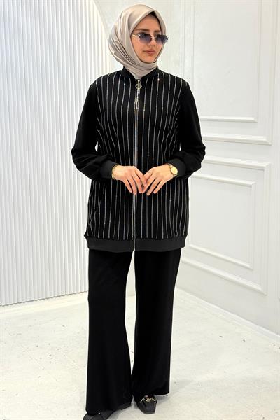 Orhan Store Çizgi Taşlı Çelik Örme Tesettür Takım Siyah OTW2726