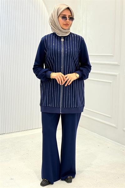 Orhan Store Çizgi Taşlı Çelik Örme Tesettür Takım Parlement OTW2726