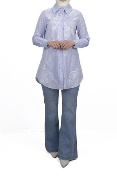 Orhan Store Dantel Aplike Detaylı Gömlek Mavi-Beyaz OTW1237