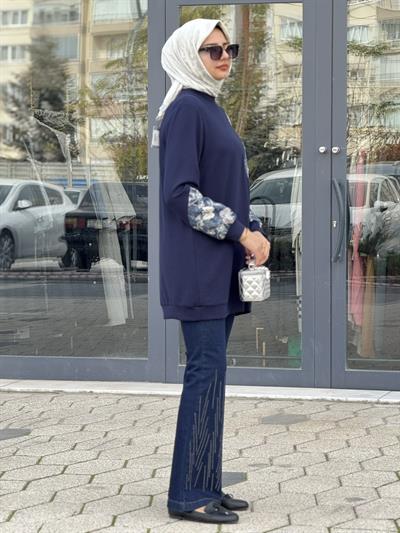 Orhan Store Denim Çiçek Desenli Tunik Lacivert OTW1342