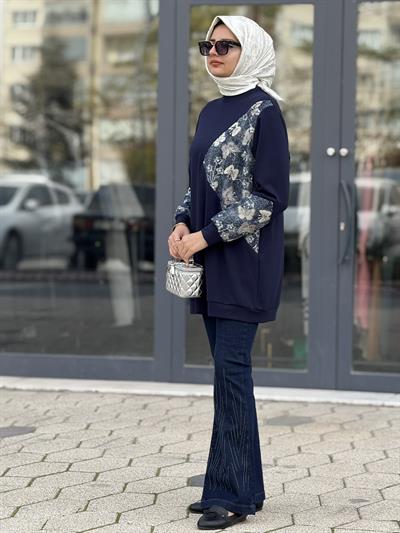 Orhan Store Denim Çiçek Desenli Tunik Lacivert OTW1342