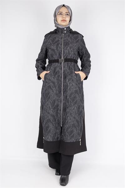 Orhan Store Desen Dokulu Astarlı Tesettür Kap  Tam Fermuarlı Siyah OTW1585