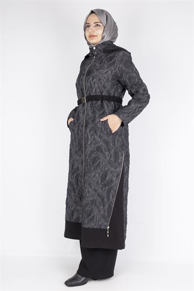 Orhan Store Desen Dokulu Astarlı Tesettür Kap  Tam Fermuarlı Siyah OTW1585