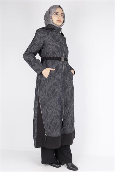 Orhan Store Desen Dokulu Astarlı Tesettür Kap  Tam Fermuarlı Siyah OTW1585