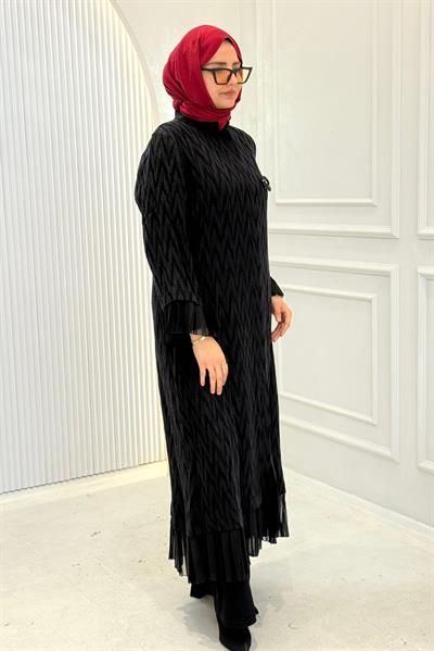 Orhan Store Desen Dokulu Pile Detaylı Tesettür Ferace Siyah OTW1191