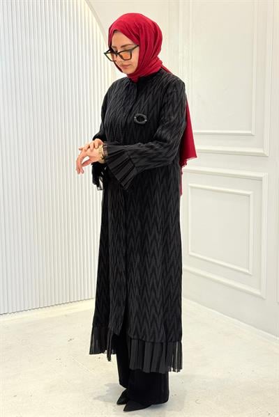 Orhan Store Desen Dokulu Pile Detaylı Tesettür Ferace Siyah OTW1191