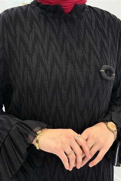 Orhan Store Desen Dokulu Pile Detaylı Tesettür Ferace Siyah OTW1191