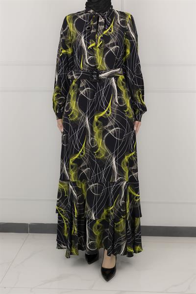 Orhan Store Desenli Astarlı Elbise Siyah OTW1662