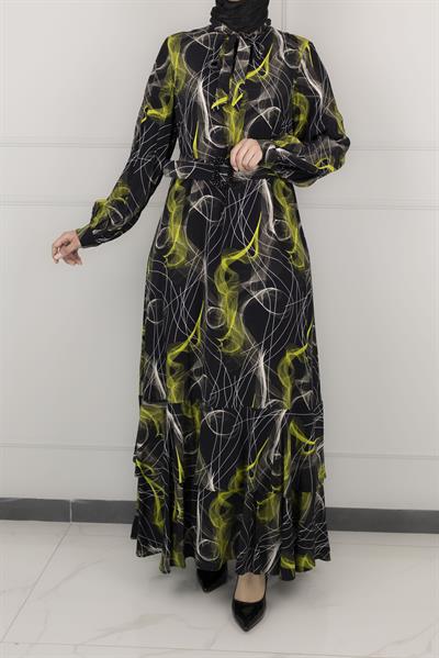 Orhan Store Desenli Astarlı Elbise Siyah OTW1662