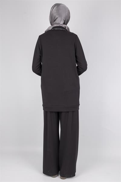Orhan Store Desenli Fermuarlı Cep Detaylı Tesettür İkili Takım Siyah OTW2653
