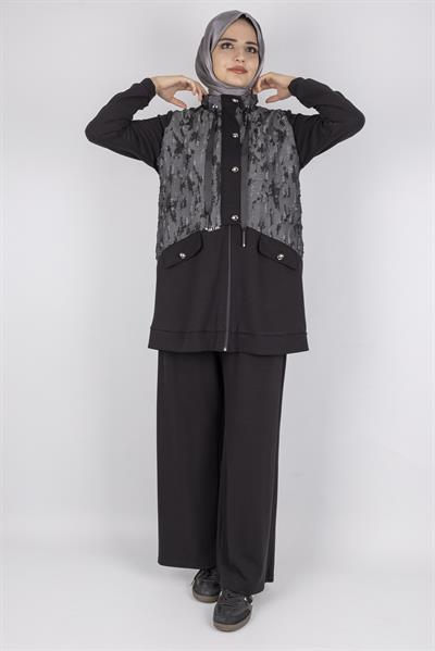 Orhan Store Desenli Fermuarlı Cep Detaylı Tesettür İkili Takım Siyah OTW2653