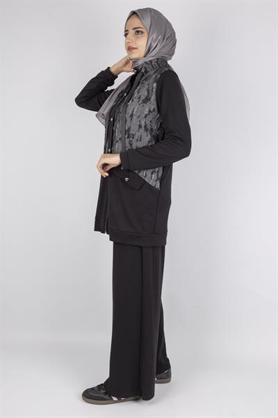 Orhan Store Desenli Fermuarlı Cep Detaylı Tesettür İkili Takım Siyah OTW2653