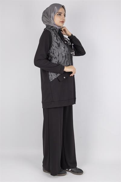 Orhan Store Desenli Fermuarlı Cep Detaylı Tesettür İkili Takım Siyah OTW2653