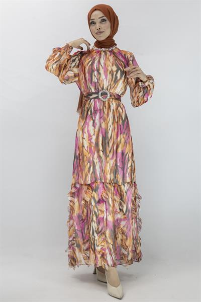 Orhan Store Desenli Şifon Elbise Fuşya OTW1710