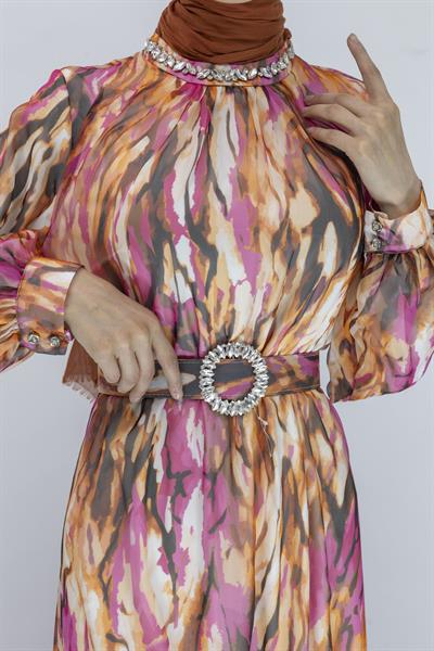 Orhan Store Desenli Şifon Elbise Fuşya OTW1710